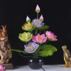 Nine fiber optic LED lotus lamps, plug-in household lotus lamps, are offered before the Buddha undefined